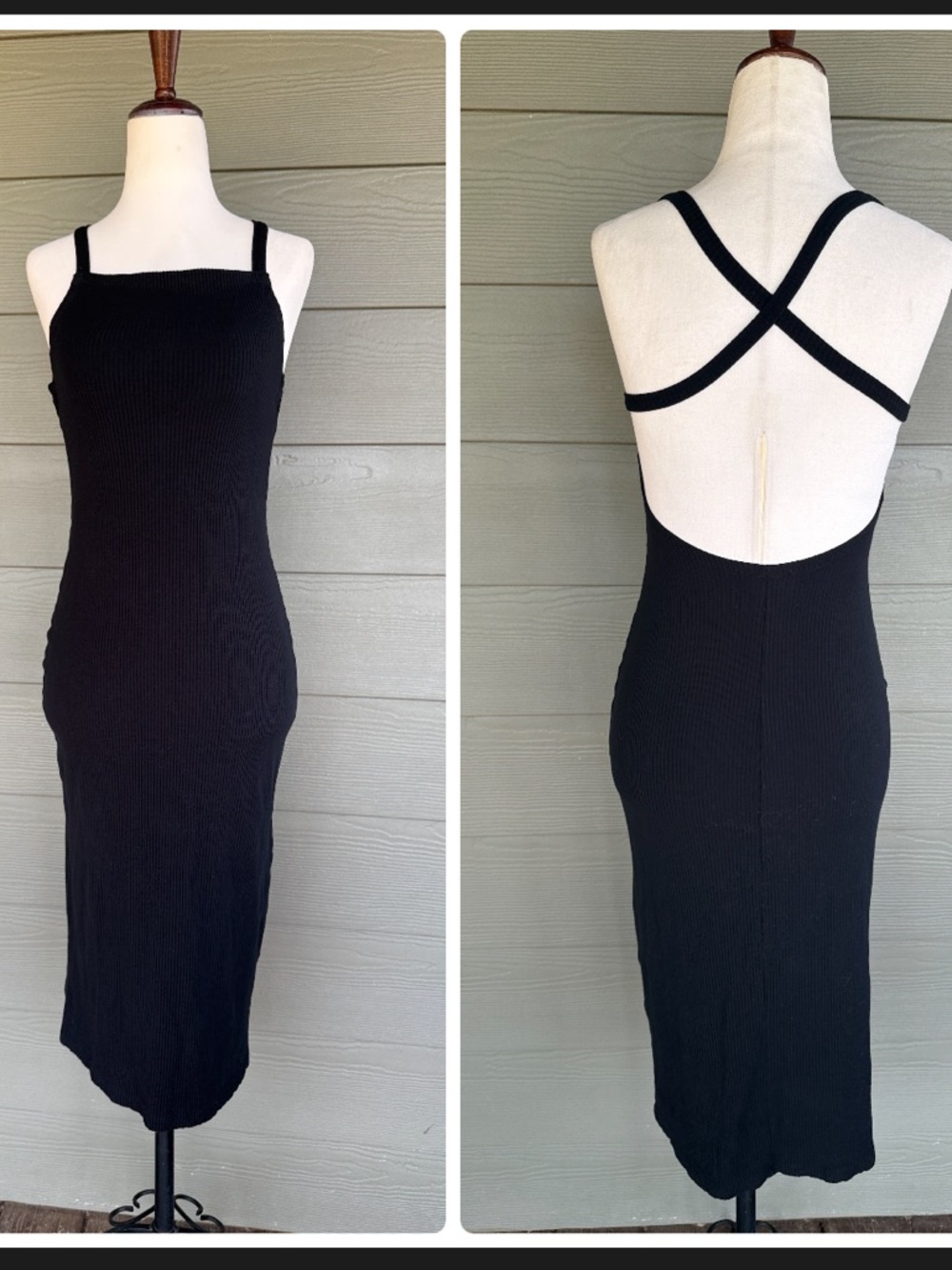 Reformation Black Ribbed Midi Dress with Crisscross Back